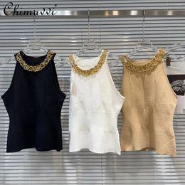 Women's Tanks 2024 Summer Fashion Socialite Golden Sequined Beaded Halter Knitted Sling Slim-Fit Sexy Sleeveless Elegant Vest For Women