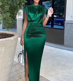 Women Shiny Long Dress Pleated Green Elegant Slit High Collar Slim Fit Sleeveless Maxi Robes Female Gowns Party Spring 2205098740404