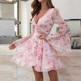 Casual Dresses Women Elegant Floral Print Hem A-Line Dress Spring Sexy Deep V Neck Hollow Party Summer Flare Sleeve Zipper Mini