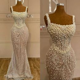 2024 Square Neck Mermaid Wedding Dresses Sparkling Pearls Lace Bridal Gown Formal Sleeveless Floor Length Trumpet Dress