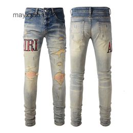 Mode lila Stretchjeans bestickte Herren #888 Mode Amiirii Jean Blue 2024 enge Demin Street 1WTE