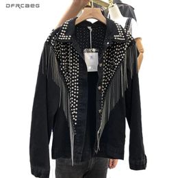 Black Loose BF Women Denim Jacket With Rivet Chain Tassel Autumn Long Sleeve Streetwear Ladies Jeans Coat Vintage Outwear 240426