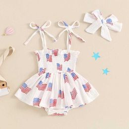 Clothing Sets Baby Girl Summer Jumpsuit For 4th of July Clothes Flag Print Sleeveless Dress and Headband Set H240507