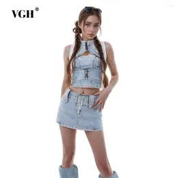 Work Dresses VGH Solid Denim Two Piece Sets For Women Halter Sleeveless Backless Vests High Waist Bodycon Skirts Slimming Set Female Style