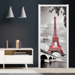 Stickers SelfAdhesive Door Sticker Black And White Painting Red Iron Tower Vinyl 3D Murals Living Room Study Art Wall Sticker Home Decor
