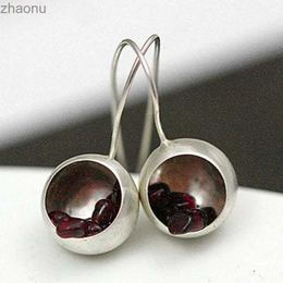Dangle Chandelier Vintage Pomegranate Wine Red Stone Earrings Hollow Ball Round Silver Metal Long Hook Earrings XW