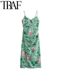 Casual Dresses GALWoman Vintage Floral Printed Front Slit Strap Dress Slim 2024 Summer Sleeveless Backless V Neck Midi Mujer Y2K