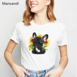 Women's T-Shirt Harajuku Kaii French Bulldog /Boston Terrier /Yorkie FU /German Shepherd /Chihuahua /pug dog flowers print t shirt women tops d240507