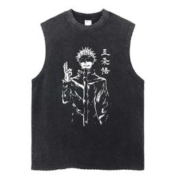 Men's T-Shirts Mens street clothing sleeveless retro vest sleeveless anime Harajuku printed summer cotton vestL2405