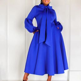 Casual Dresses Women 2024 Blue Puff Sleeve Strap Large Skirt High Waist Dress Young Robe Maxi Elegante Luxury European And American Clothes