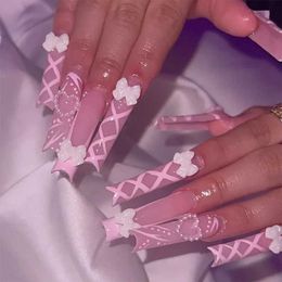 False Nails 24Pcs Long Ballet False Nails Butterfly with Rhinestones French Design Wearable Fake Nails Coffin Press on Nails Tips Art T240507