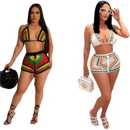 Women's Tracksuits 2 Pieces Set Colorful Crochet Knitted Bikini Bra And Shorts Beach Knitting Swimsuit