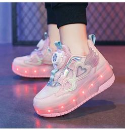 Children Two Girls Wheels Luminous Glowing Sneakers Heels Pink Led Light Roller Skate Shoes Kids Led Shoes USB Charging 240429