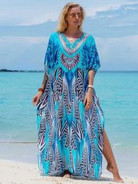 Women Beach Wear Beach Wear Seaside Plus Size Print Kaftan Maxi Dress V Neck Slit Loose Robe Women 2024 Summer Beachwear Swimsuit Cover-ups Q1415 d240507