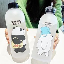 1000ml Water Bottles Cute Panda Bear Cup With Straw Transparent Cartoon Bottle Drinkware Frosted Leakproof 240422