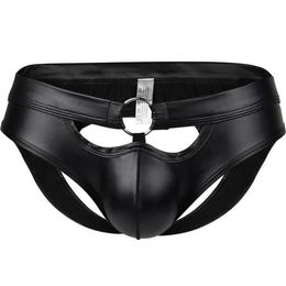 Mens Briefs Sexy Patent Leather Underpants Hollow Out Ring Underwear U Convex Pouch Panties Hombre Exotic Adult Underwear Brief 240506