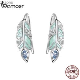 Dangle Chandelier Bamoer 925 sterling silver green feather stud earrings dazzling blue zircon XW