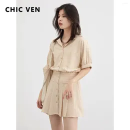 Party Dresses CHIC VEN Korean Pleated Shirt Dress Short Sleeve Striped Women Loose Girl Slim A Line Clothing Summer 2024