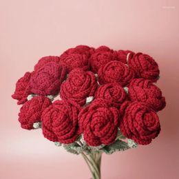 Decorative Flowers Knitting Crochet Red Rose Flower Bouquet Handmade Knitted Artificial Fake Wedding Party Home Decoration