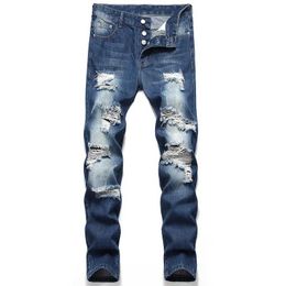 Men's Jeans Mens Nostalgic Blue Denim Jeans Straight Buttons Personalized Holes High Strt Denim for Male Plus Size 40 42 Y240507