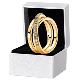 Women Mens Yellow Gold Plated Wedding RING 925 Sterling Silver Original box for CZ diamond over Pave Triple Band Rings3651885