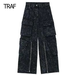 TRAF Womens Pants Autumn Winter Baggy Cargo Jeans Mid Waist Wide Leg zipper Pant Korean Style Trousers Office Wear Professional 240506