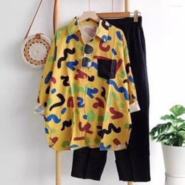 Women's Two Piece Pants Lady Daily Clothes Colourful Print Shirt Set With Long Sleeve Blouse Wide Leg Trousers Casual For Ladies
