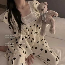 Women's Sleep Lounge Square Collar Sleepwear Women Pajama Sets Heart Print Pants Sets 2 Pieces Lace Piiama Korean Sleeping Full Sleeve Night Wears