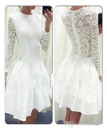 white lace Homecoming Dresses Long Sleeve with Attractive Lace Crew Neckline and Embellished Puffy Short White Young Girl039s p7193197