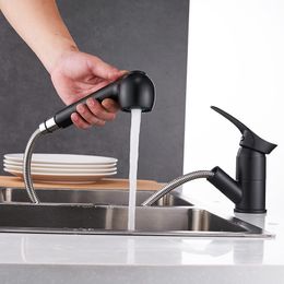 Kitchen Faucets Grifos De Cocina Swivel Pull Out Kitchen Sink Faucet Water-Saving black Basin Crane Mixer Brass Tap WF-7005 T200424 274w