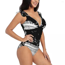 Women's Swimwear Sexy One Piece Swimsuit Push Up Abstract Piano Keys With Notes Women Ruffle Monokini Bodysuit Bathing Suit