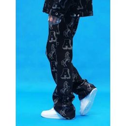 Men's Jeans Retro Jacquard Printed Jeans European and American Mens Spring and Autumn Trendy Brand Pants Hip Hop Ethnic Trendy Trouser J240507