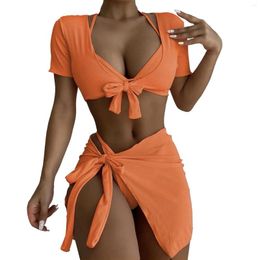 Women's Swimwear Solid Colour Sexy Bikini Split Body With Chest Pad No Steel Support Four Piece Swimsuit Knitted