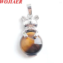 Pendant Necklaces WOJIAER Cute Natural Tigers Eye Animal The & Bead Round GemStone Fashion Jewellery For Women E9065