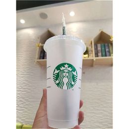 Plastic Goddess Tumbler Mermaid 24Oz/710Ml Starbucks Reusable Clear Drinking Flat Bottom Cups Pillar Shape Lid Straw