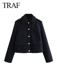 Women's Jackets Female Autumn Fashion Casual Jacket Long Sleeves Lapel Coat Chic Loose Single-breasted Solid Navy Blue Retro