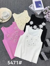 Women's Tanks Beaded Diamonds Flowers Stitch Sleeveless Knitted Y2K Top Slim Fit Vest 2024 Summer Knitwear Sexy Crop Tank Black White Pink