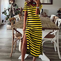 Summer Stripe Maxi Dress for Womens Short Sleeve V Neck Casual Loose Long Split Dresses Holiday Beach Female dress clothes 240506