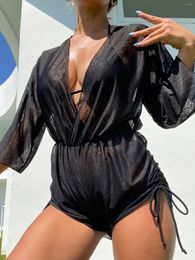 Women's Swimwear Solid Colour Black Mesh 3 Piece Swimsuit Women Long Sleeve Conservative Cover-ups Bikini Set Summer Beach Vacation 2024