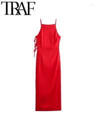 Casual Dresses GAL 2024 Summer Woman Red Side Bow Tied Satin Slip Dress Slim Sleeveless Backless Midi Vestidos Mujer Party Y2K