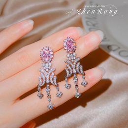Dangle Earrings 2024 Pink Zircon Tassel Silver Colour Women Personality Fashion Earring Wedding Jewellery Birthday Gifts