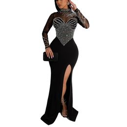 Women Casual Dresses Sexy Long Sleeve Pearls Rhinestones Mesh Paneled Bodycon Maxi Dress Split Party Clubwear Prom Long Dress