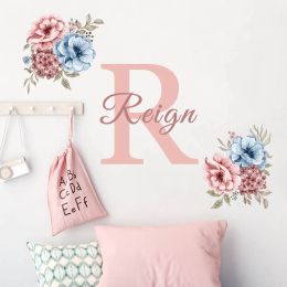 Stickers Custom Initial Name Pink Peonies Watercolour Wall Sticker Girls Room Decor Vinyl DIY Wall Decals Nursery Interior Home Decoration