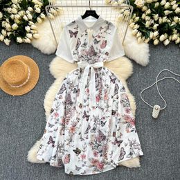 Casual Dresses Vintage Elegant Lace Up Print Short Sleeve Lapel Dress Chic A-line Fashion Spring Summer Vestidos Women