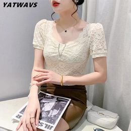 Women's T Shirts 2024 Summer Sexy Square Collar Diamonds Lace T-shirt Stretchy Slim Tops Fashion Puff Short Sleeved Tees Blusas