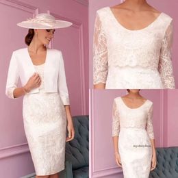 Newest Sheath Ispirato Mother Of The Bride Dress Jewel Neck Long Sleeve Tulle Lace Applique Wedding Guest Dresss Knee Length Evening Gown 0431