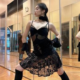Stage Wear Sexy Latin Dance Clothes Women Adult Black Lace Bodysuit Skirt Gloves Cha Rumba Salsa Performance Dress Suit DNV19889