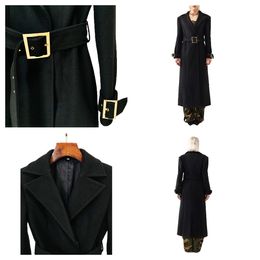 kvinnors svart ullrock kvinnor designer jacka lapel hals långärmare bälte bomullsull fast färg SASHES SLIM Karriärrelaterade funktioner S 2xl Trench Coat Women Jacket