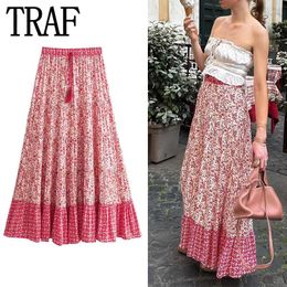 Skirts Floral Print Long For Women 2024 Vintage Ruffle Skirt Boho Beach Summer Woman Fashion Ruched Women's