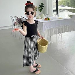 Clothing Sets Girls Set Baby Fashion Backless Vest Top T-Shirt Plaid Wide-leg Pants Children Suit Flying Sleeves Casual Suits